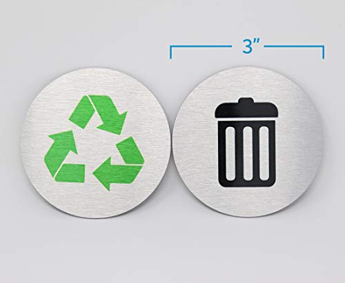 Metal Trash & Recycling Signs | Garbage & Recycling Bin Marker | Set of 2 - 1 Black Trash Sign & 1 Green Recycle Sign | 3" Round, Brushed Silver Aluminum Signs | Made in USA - Thumbnail 3