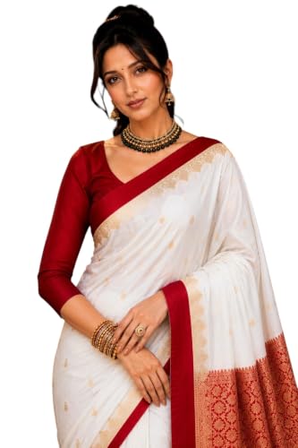 Image of Women's Glory Womens Satin Saree with Silver Woven Border | Elegant Plain Glossy Silk Saree for Party, Wedding, Reception & Festive Style with Unstitched Blouse Piece