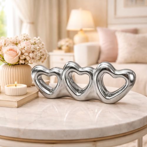 Image of Xtore Triple Heart Metallic Ceramic Sculpture for Home Decor, Modern Romantic Tabletop Accent