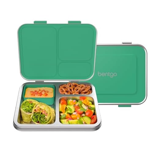 Bentgo® Kids Stainless Steel Leak-Resistant Lunch Box - Bento-Style Redesigned in 2022 w/Upgraded Latches, 3 Compartments, & Extra Container - Eco-Friendly, Dishwasher Safe, Patented Design (Green)
