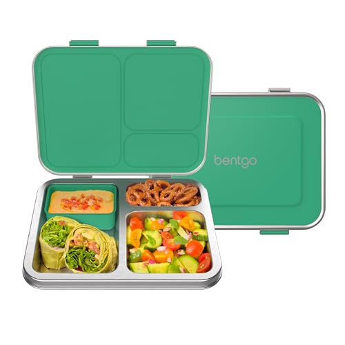 Bentgo Kids Stainless Steel Leak-Resistant Lunch Box - 3-Compartments with Bonus Silicone Container, Durable, Eco-Friendly, Dishwasher Safe, BPA-Free, Ideal for School, Ages 3+ (Green)