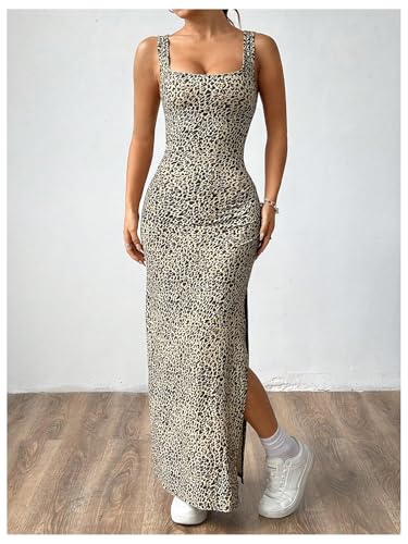 GORGLITTER Women's Cheetah Leopard Print Backless Bodycon Tank Dress Twist Sleeveless Summer Maxi Long Sundresses3