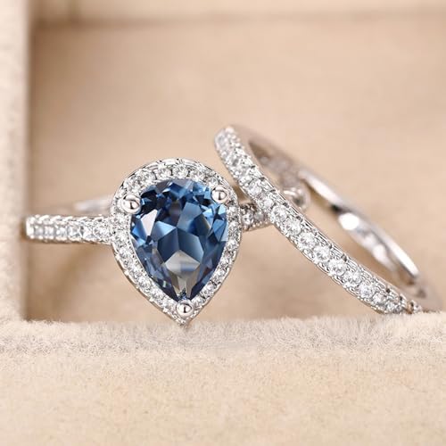 2Pcs White Gold Plated Blue Cubic Zirconia Statement Ring Personalized Accessory Ideal for Women's Daily Casual Wear Party Holiday Anniversary Love Jewelry Gift