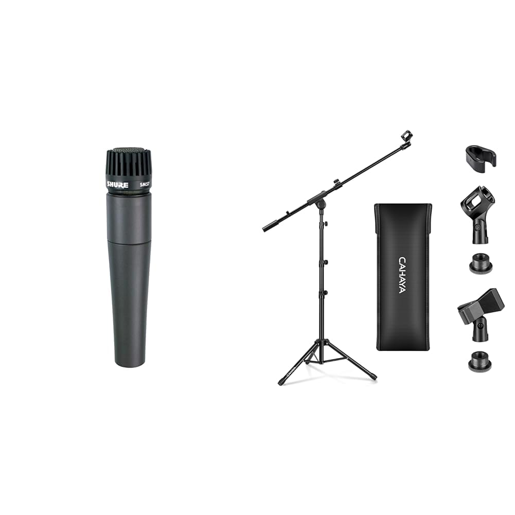 Shure SM57 Micrófono de Instrumento dinámico cardioide con Soporte de Choque neumático & CAHAYA Soporte de Micrófono con Brazo con Dos Pinzas para Microfonos Pie de Micrófono Plegable