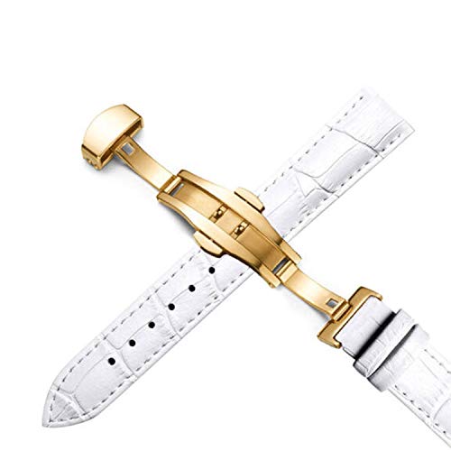 Echtes Leder Uhrenarmbänder 12-24mm Universaluhr Butterfly Buckle Band Stahl Schnalle 22mm Uhrenarmband Gold-Weiß, 20mm