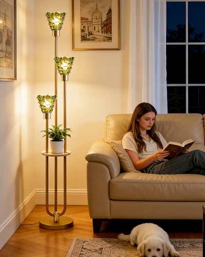 Image of Lightdot Green Glass Floor Lamp with Shelf, 63IN Mid Century Modern Gold Standing Lamps with 3 3000K Soft Warm White Bulbs Included, Floor Lamp with 5Lbs Heavy Base for Living Room /Wedding /Office