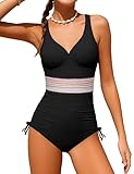 Doumlop Girls One Piece Swimsuit 12-14 Girls Bathing Suit Size 14 Color Block V Neck Swimsuit Teen Girl 13 Year Old with Drawstring Swimwear Black