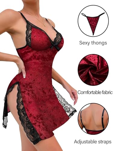 Image of Foxiny Sexy Split Side Floral Lace Trim Full Slip Night Gown Babydoll Lingerie Dress with Thong 2 piece
