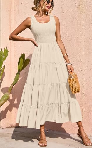 Image of PRETTYGARDEN Women's 2026 Casual Loose Plain Maxi Sundress Smocked Tank Dress Sleeveless Summer Beach Tiered Long Dresses