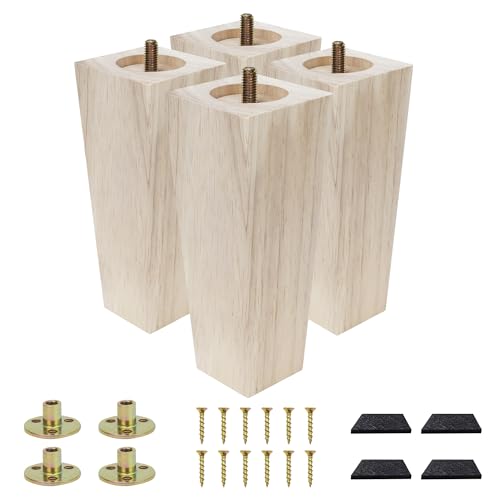 Txcucc Furniture feet Table Legs Couch Legs Unfinished Square Bed Feet 6 inch Wood Replacement Leg for Furniture Set of 4, Natural (4set, 6in)