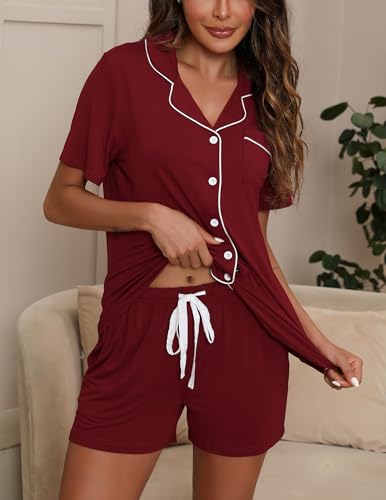 Image of ZMJ Pajamas for Women Set 2 Piece Pj Short Sets Bride Sleepwear Button Up Wine Red 3XL