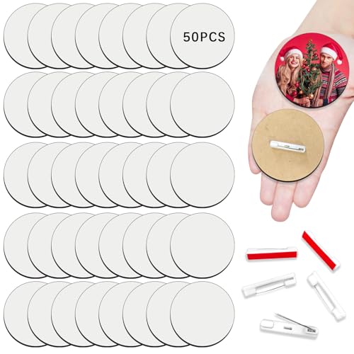 50Pcs Sublimation Buttons Blanks with Pins 3 inch MDF Buttons Pins Sublimation Blanks Christmas for School Projects Sublimation Name Tags Blanks DIY Crafts