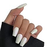 modelones 30Pcs Press On Nails Medium, 15 Sizes Chrome Coffin Full Cover Nail Tips with Tools Includes Glue, Reusable Aurora Artificial Fake for Art Kit, Moonlight White