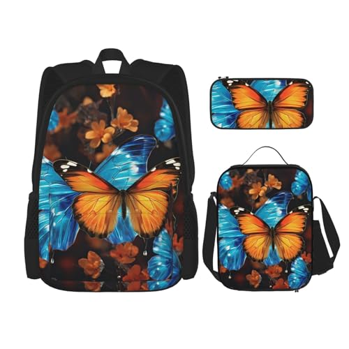 Sacs à dos papillons bleu orange avec boîte déjeuner pour homme et femme