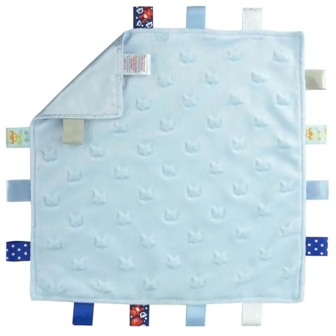 Mayra Hosiery Soft-Touch | Newborn Baby Taggy Blanket Comforter | Embossed Sensory Tags & Ribbons | Soft Flannel Back 35 x 35cm | 100% Polyester (Blue Star)