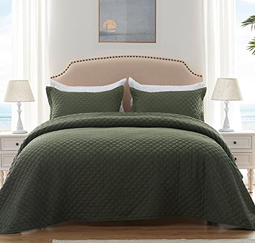 Sunstyle Home Quilt Set Queen Olive Green Lightweight Bedspread Full Soft Reversible Coverlet For All Season 3Pcs Army Green Diamond Quilted Bedding Sets (1 Quilt 2 Pillow Shams)(90"X96") #TOP5