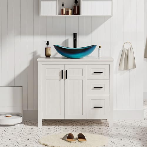 eclife 36' Bathroom Vanity with Sink Combo, Modern Freestanding Cabinet with Soft Closing Grooved Doors and Drawers, Vessel Sink Top, Faucet & Pop Up Drain (Blue Boat, 36' White)