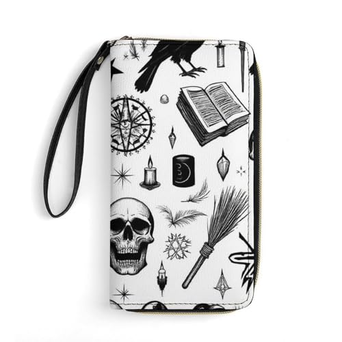 Fashion Decor Wallet, Long PU Zipper Wallet, Travel Purse Fashion Design, Huge Storage Capacity Purse With Rope Gothic Trippy Moon Skull Dark Black Cat Witch Magic Spirit Board