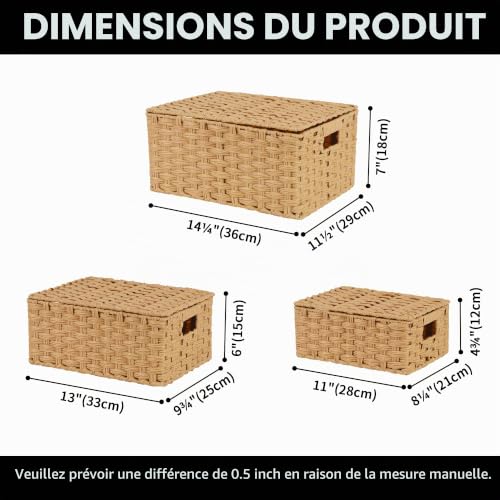 Panier osier rectangle lot de 3 avec couvercles boîtes de rangement - 4