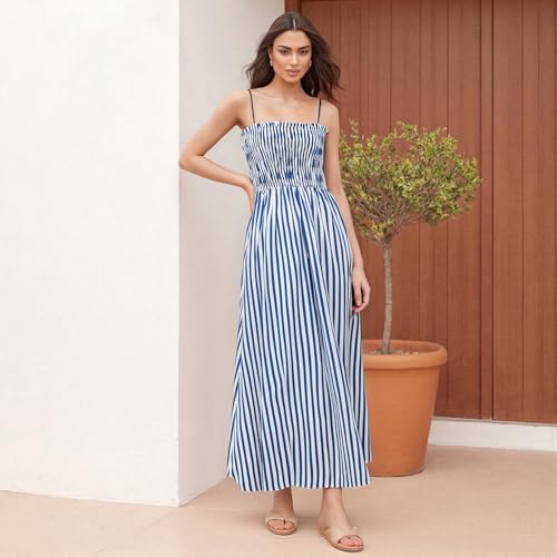 Image of KMBANGI Women Striped Sleeveless Maxi Dress Swing Patchwork Midi Dress Smocked Spaghetti Strap Colorful Long Sundress