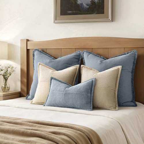 Image of MIULEE Decorative Lumbar Throw Pillow Covers for Couch Bed Livingroom 12x20 Inch Set of 2 Dustyblue Boho Accent Throw Pllows Broadside Striped Patchwork Soft Corduroy Pillowcases