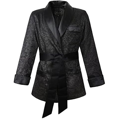 Lucasini Mens Satin Smoking Jacket with Brocade Cover