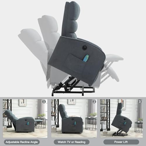 AVAWING Power Lift Chair with Heat and Massage for Elderly, Fabric Electric Recliner Chair with Remote Control, Side Pocket and USB Port for Living Room & Bedroom, Grey - Thumbnail 4