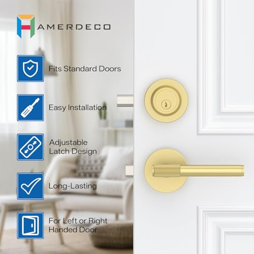 Amerdeco Front Door Lock Set with Double Cylinder Deadbolt, Black Exterior Entry Door Lever, Heavy Duty Entry Door Locksets for Left or Right Hand Exterior Door（Brushed Gold 2 Pack） by Amerdeco - Used condition - Image 5