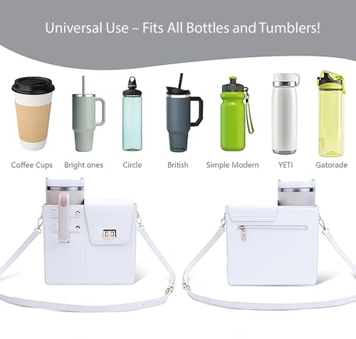 Image of House of Quirk Outdoor Portable Crossbody Tumbler Holder Bag with Purse Compartment - Travel Water Bottle Carrier for Hiking, Walking, Camping (White)