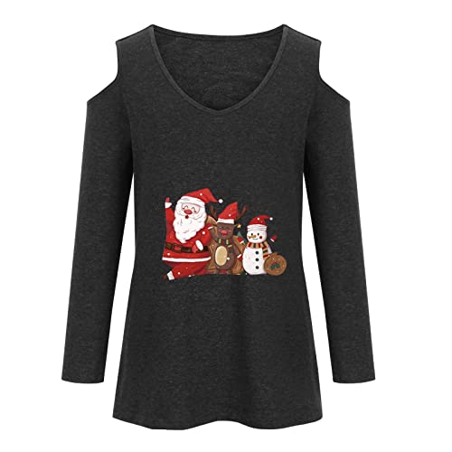 Christmas Cold Shoulder Tunics Tops For Women, Sexy V Neck Long Sleeve T Shirts Fall Casual Blouses Santa Snowman Tees Black #TOP4