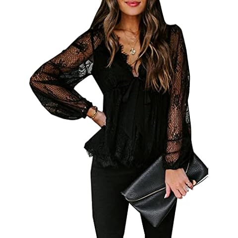 Women Lace Crochet Long Sleeve V Neck Tops Casual Solid Color Tie Knot Shirt Blouse(Black,S) Cover