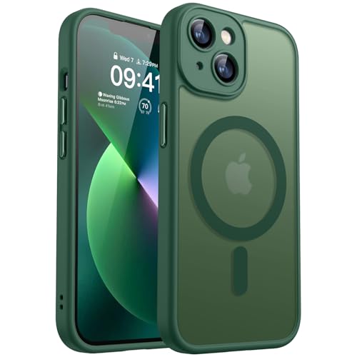 CANSHN iPhone 13 用 ケース Magsafe対応 カメラ周辺保護 ワイヤレス充電 あいふおん 13 用 ケース 耐衝撃 エアガードコーナー 傷つき防止 指紋防止 リング マグネット搭載 半透明マット仕上げ アイフォン 13 用 カバー- ディープグリーン