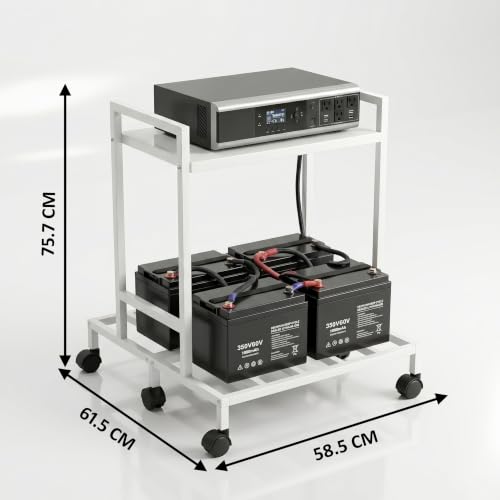 Image of 2-Tier Double Battery Stand with Wheels - Heavy Duty White Metal UPS Trolley for Inverter & Battery Storage, Durable & Space-Saving Design (White)