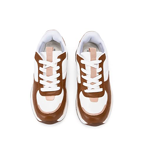 Womens Lace Up Platform Sneakers Retro Colorblock Faux Leather Suede Splicing Comfortable Non Slip Athletic Walking Shoe Brown #TOP2