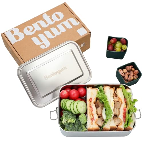 304 Stainless Steel Bento Lunch Box for Men & Women | 47 oz Leak-Proof 3 Compartment Metal Food Container with Lid & 2 Pots | Tiffin Snack & Sandwich Box for Adults | Dishwasher Safe