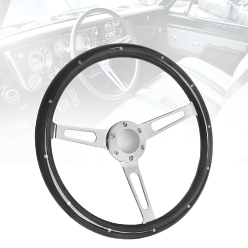 15" Classic Wood Grain Steering Wheel with Aluminum Brushed 3 Spoke - Riveted 380mm 6 Hole Bolt, Universal Car 6-Bolt Steering Wheel with Horn Button (Black) by ANDO RACING - Used condition - US$85.66