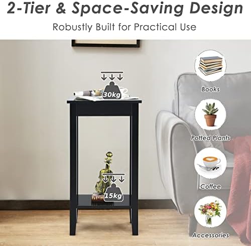 COSTWAY Bedside Table Set of 2, Wooden Narrow Nightstand Sofa Side Table with 2-Tier Storage Shelves, Slim Tall Telephone Table End Accent Tea Desk for Living Room and Bedroom, 40x30x74cm (Black)