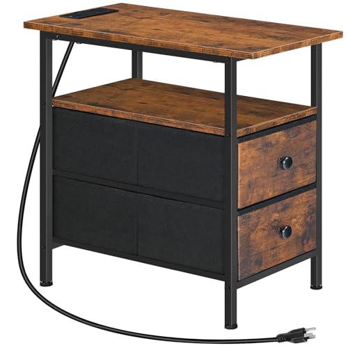 HOOBRO End Table with Charging Station Narrow Side Table Nightstand with 2 Non-Woven Drawers Slim Sofa Side Table for Small Spaces Living Room Bedroom Rustic Brown and Black BF486UBZ01