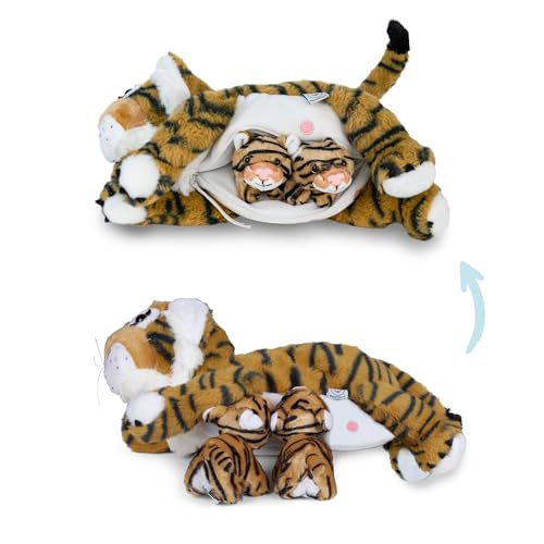 Peluche tigre avec ventre à fermeture éclair et bébés magnétiques