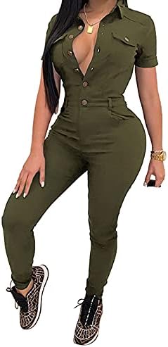 Women's Sexy Short Sleeve Lapel Button Bodycon Jumpsuits Long Pants Club Outfits Rompers with Pocket Army Green S