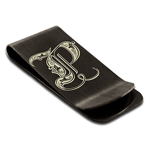 Stainless Steel Letter P Initial Royal Monogram Engraved Money Clip Credit Card Holder