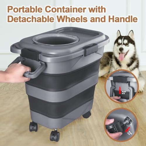 Dog Food Storage Container, 10-20 lbs Airtight Collapsible Cat Food Storage Container with Attachable Wheels, Portable Handle, Dog Food Scoop for Dog Cat Bird Pet Dry Food Storage Bin Dark Grey - Image 4