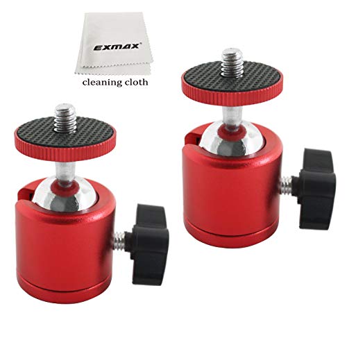 EXMAX 2 PCS Mini Swivel Tripod Ball Head with 1/4” Screw Thread Base Mount 360 Degree Aluminum Alloy Body Rotating Ballhead for DSLR Video Camera Camcorder Mini Projector LED Light Bracket- 2 Pack Red