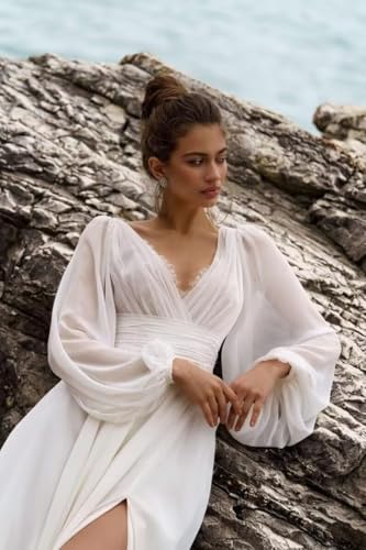 Long Sleeve Beach Wedding Dresses for Bride Chiffon Prom Dress Lace Boho Bridal Wedding Gowns4