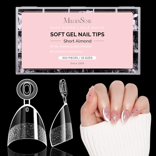 Image of MelodySusie Half Cover Short Almond X Nail Tips - 300Pcs 15 Sizes Clear Acrylic, Half Matte Press on Nails for DIY Extension & Salon Use, Pre-Shaped for Long-Lasting Manicure
