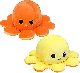 Plush Octopus Reversible Octopus Stuffed Toy, Inside Out, 7.9 inches 20 cm, Reversible, Gift, Toy, Double-Sided Inverted, Grumpy Face and Smile Orange*Yellow