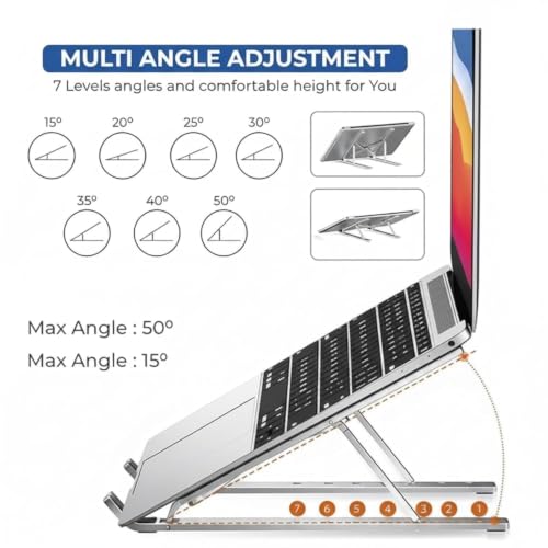 Image of Adjustable Aluminum Laptop Stand, Foldable Ergonomic Laptop Riser, 6-Level Height Adjustable Notebook Stand for Laptops Up to 17.3 Inch
