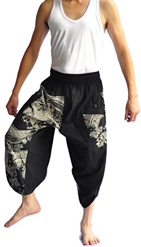 Siam Trendy Men's Japanese Style Pants One Size Black Painting Fish Dragon Design #TOP2