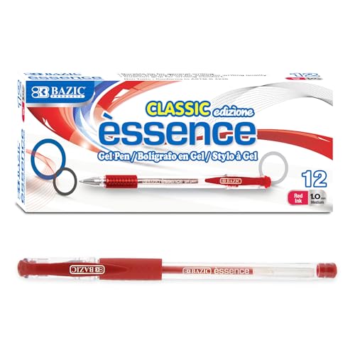 BAZIC PRODUCTS Essence Red Gel Pens, Cushion Grip, 1.0 mm Medium, 12 Count