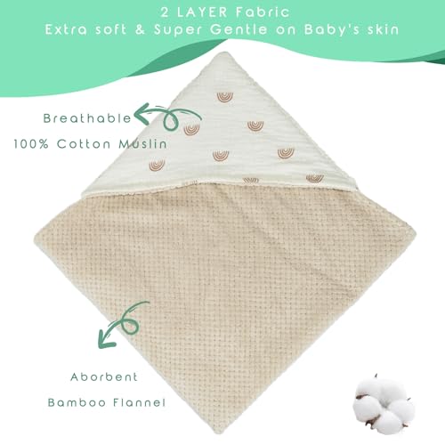 Image of Organic Cotton Baby Bath Towel with Ultra Soft Muslin and Absorbent Flannel Lining Hooded Baby Towel, Breathable, and Perfect for Boys and Girls, (30x30 inches, Rainbow Pattern)
